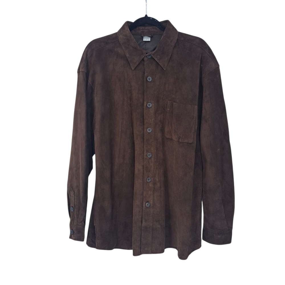 Genuine Suede Leather Button Down Shirt Jacket Brown Womens XL INC-45132